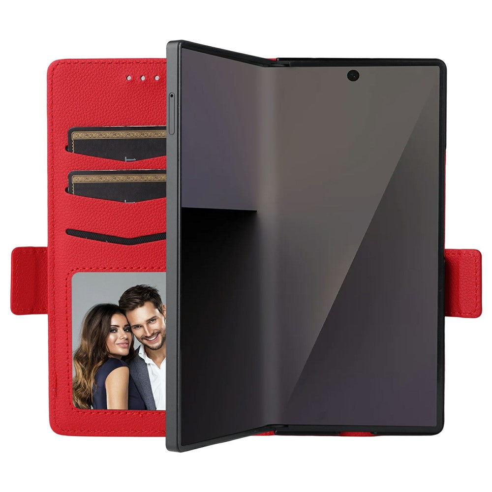 For Samsung Galaxy Z Fold7 5G Case with Wrist Strap Litchi Texture PU Leather Wallet Phone Cover - Red