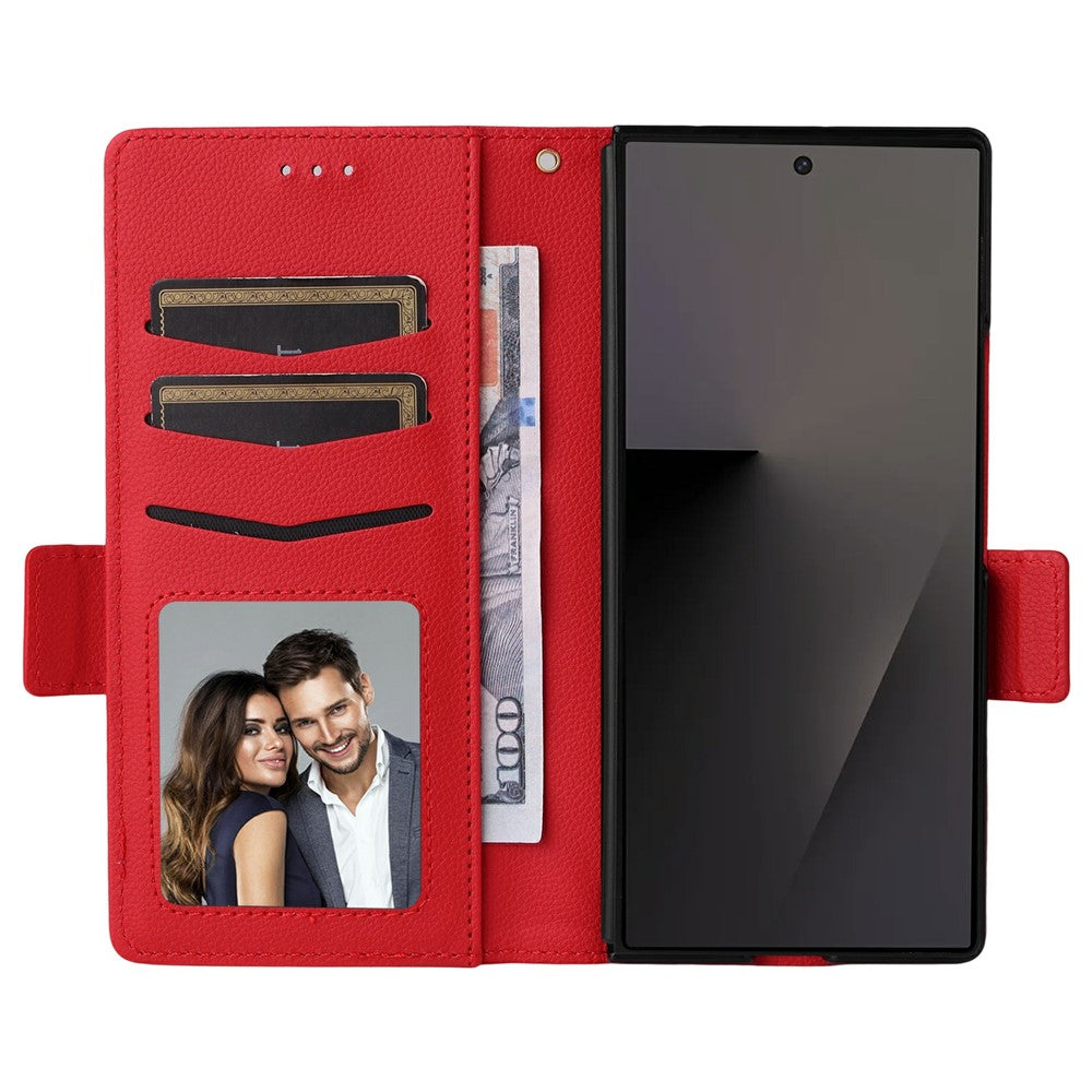 For Samsung Galaxy Z Fold7 5G Case with Wrist Strap Litchi Texture PU Leather Wallet Phone Cover - Red