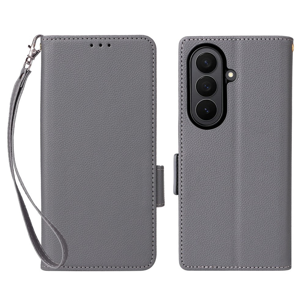 For Samsung Galaxy Z Fold7 5G Case with Wrist Strap Litchi Texture PU Leather Wallet Phone Cover - Grey