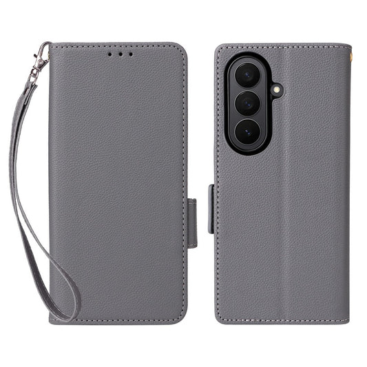 For Samsung Galaxy Z Fold7 5G Case with Wrist Strap Litchi Texture PU Leather Wallet Phone Cover - Grey