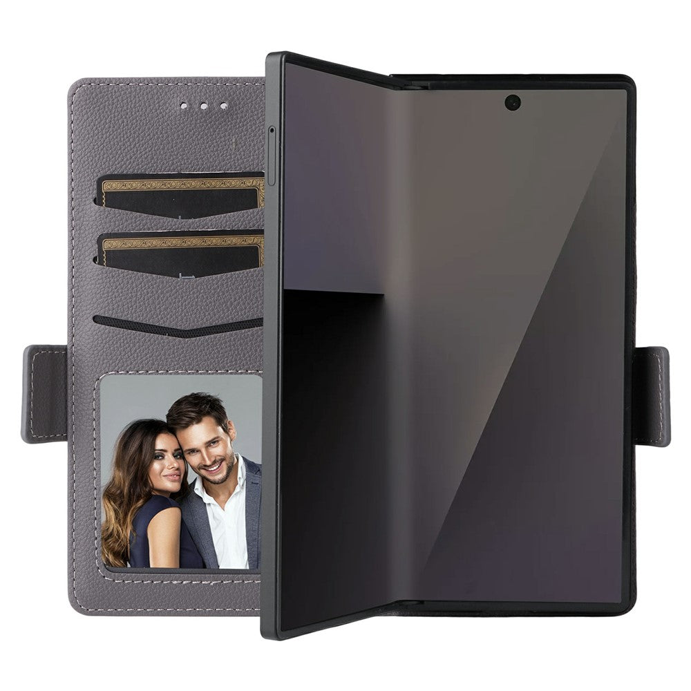 For Samsung Galaxy Z Fold7 5G Case with Wrist Strap Litchi Texture PU Leather Wallet Phone Cover - Grey