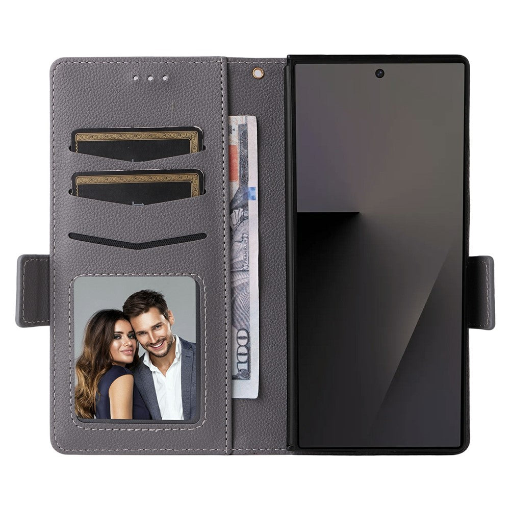 For Samsung Galaxy Z Fold7 5G Case with Wrist Strap Litchi Texture PU Leather Wallet Phone Cover - Grey