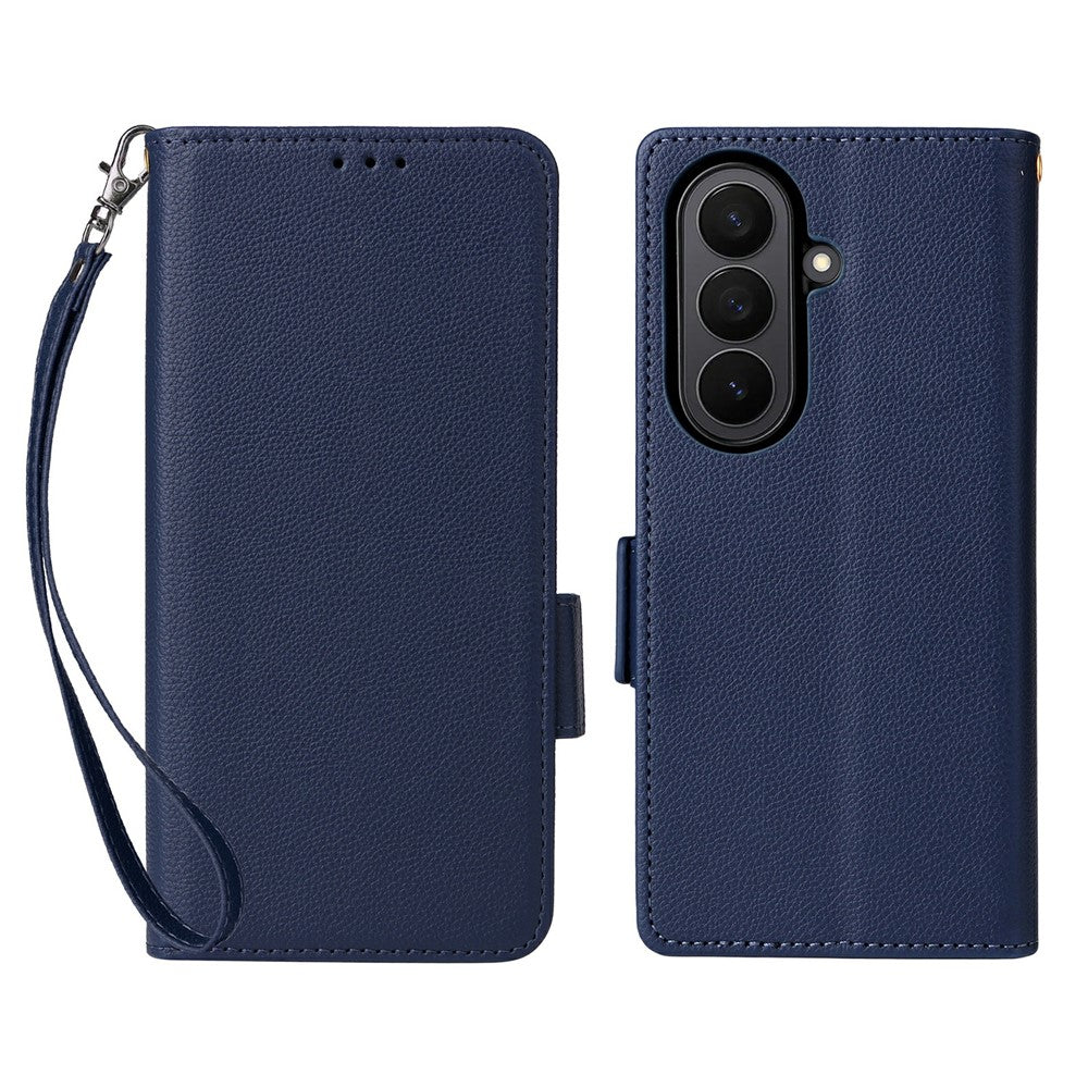 For Samsung Galaxy Z Fold7 5G Case with Wrist Strap Litchi Texture PU Leather Wallet Phone Cover - Dark Blue