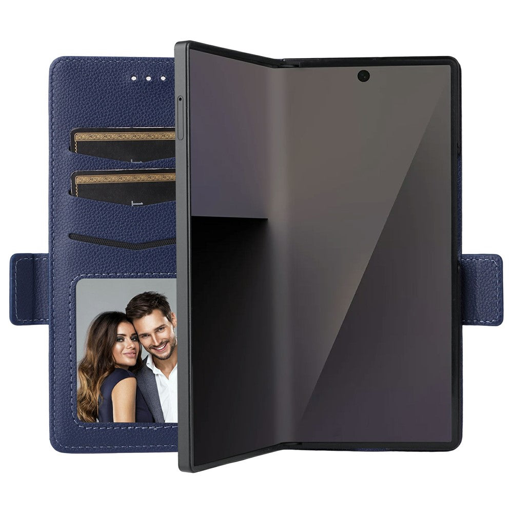 For Samsung Galaxy Z Fold7 5G Case with Wrist Strap Litchi Texture PU Leather Wallet Phone Cover - Dark Blue