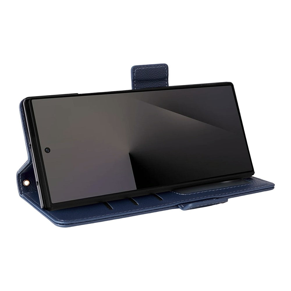 For Samsung Galaxy Z Fold7 5G Case with Wrist Strap Litchi Texture PU Leather Wallet Phone Cover - Dark Blue