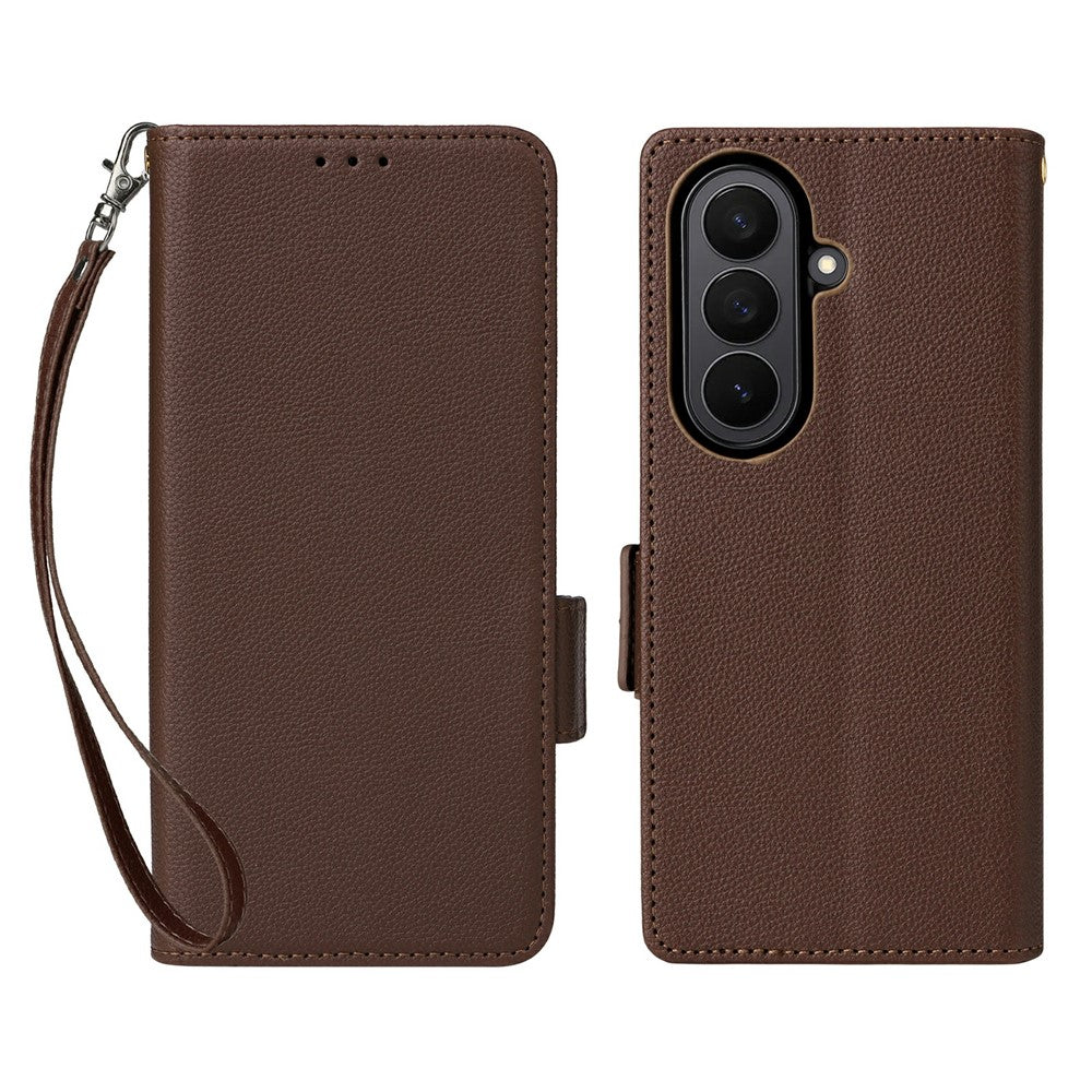 For Samsung Galaxy Z Fold7 5G Case with Wrist Strap Litchi Texture PU Leather Wallet Phone Cover - Brown