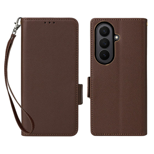 For Samsung Galaxy Z Fold7 5G Case with Wrist Strap Litchi Texture PU Leather Wallet Phone Cover - Brown