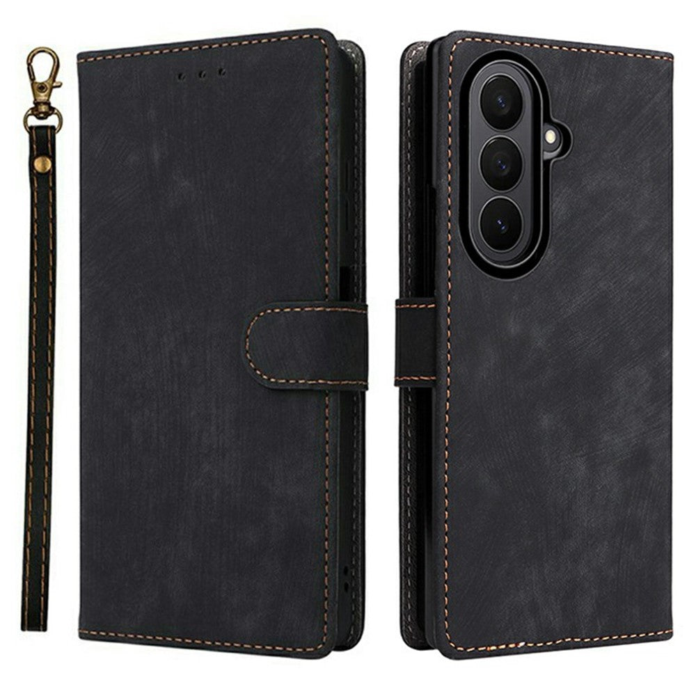 For Samsung Galaxy Z Fold7 5G Case Wallet RFID Blocking PU Leather Phone Cover Stand with Strap - Black