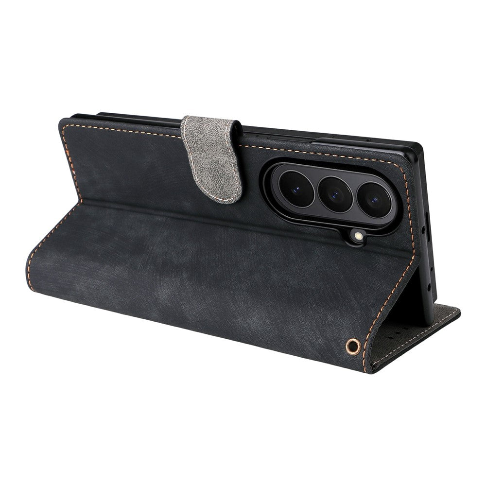 For Samsung Galaxy Z Fold7 5G Case Wallet RFID Blocking PU Leather Phone Cover Stand with Strap - Black