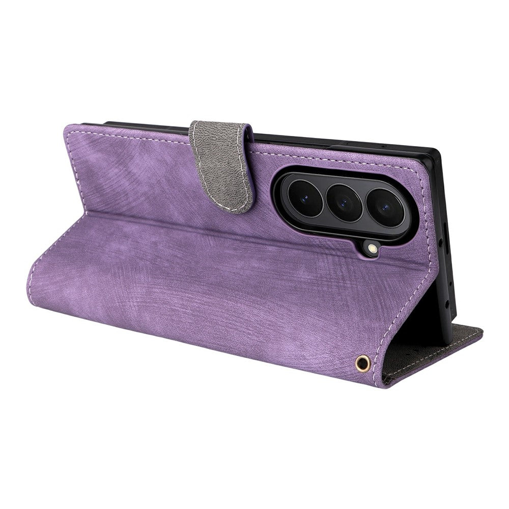 For Samsung Galaxy Z Fold7 5G Case Wallet RFID Blocking PU Leather Phone Cover Stand with Strap - Purple