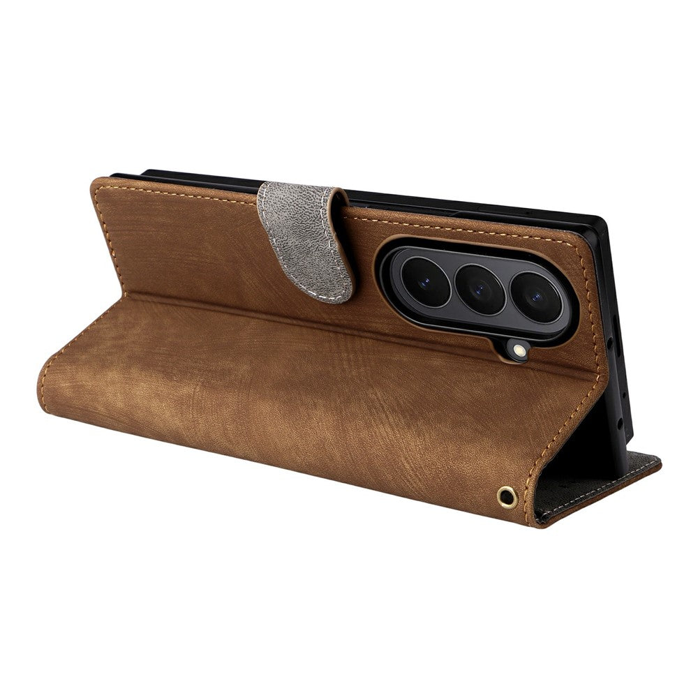 For Samsung Galaxy Z Fold7 5G Case Wallet RFID Blocking PU Leather Phone Cover Stand with Strap - Brown