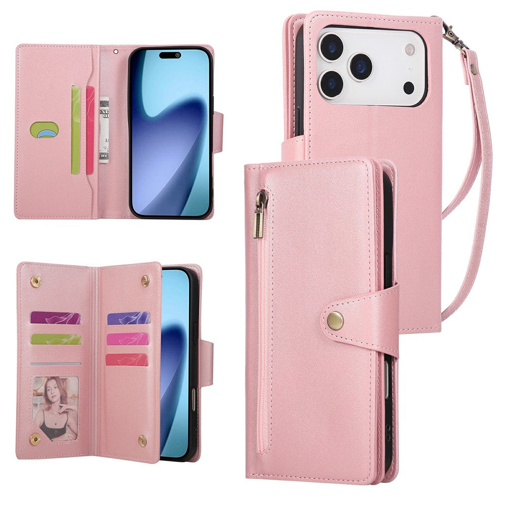 For iPhone 17 Pro Max Case Zipper Wallet Rivet Decor Leather Phone Cover with Wrist Strap - Rose Gold