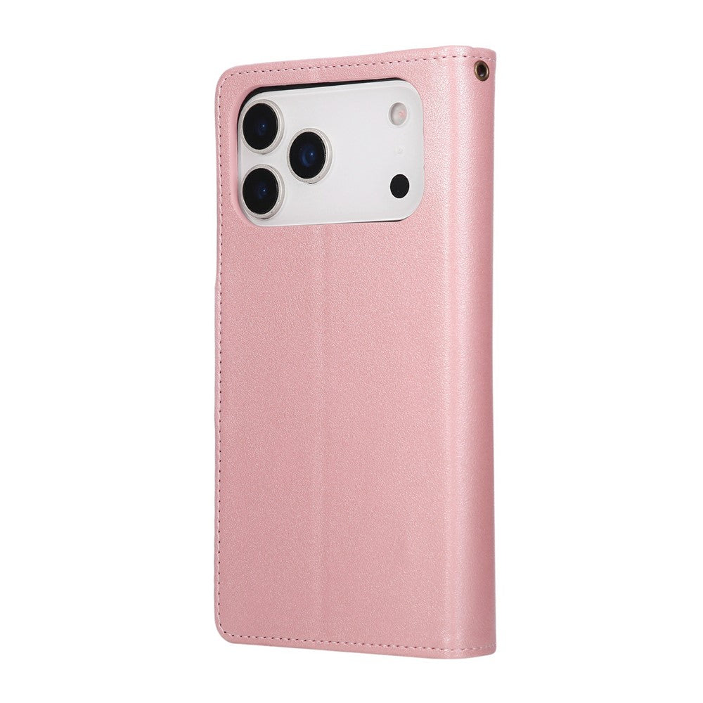For iPhone 17 Pro Max Case Zipper Wallet Rivet Decor Leather Phone Cover with Wrist Strap - Rose Gold