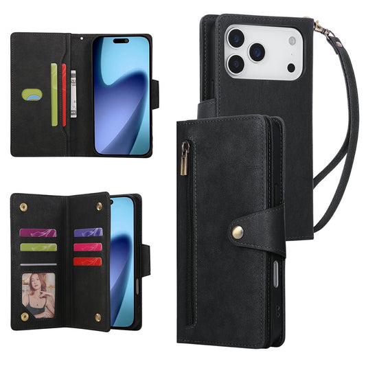 For iPhone 17 Pro Max Case Zipper Wallet Rivet Decor Leather Phone Cover with Wrist Strap - Black