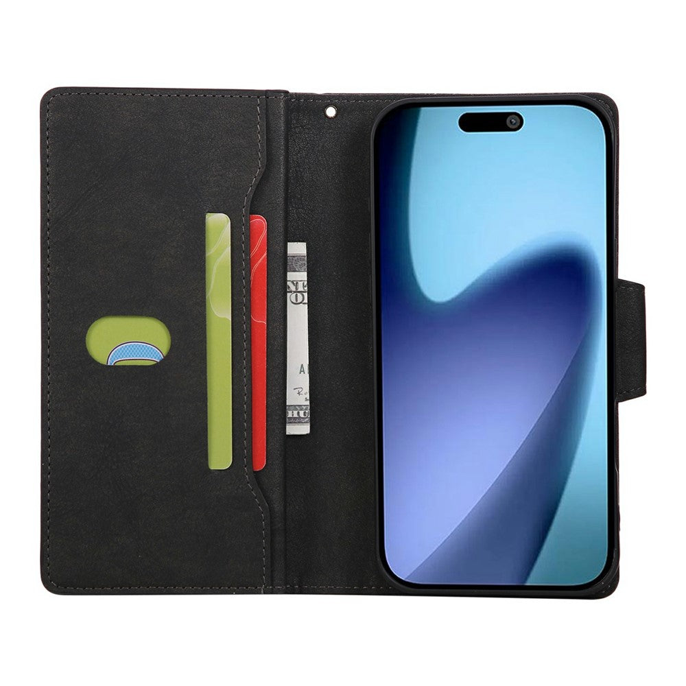 For iPhone 17 Pro Max Case Zipper Wallet Rivet Decor Leather Phone Cover with Wrist Strap - Black