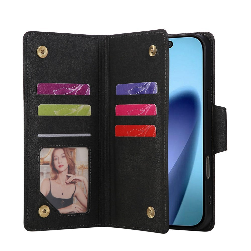For iPhone 17 Pro Max Case Zipper Wallet Rivet Decor Leather Phone Cover with Wrist Strap - Black