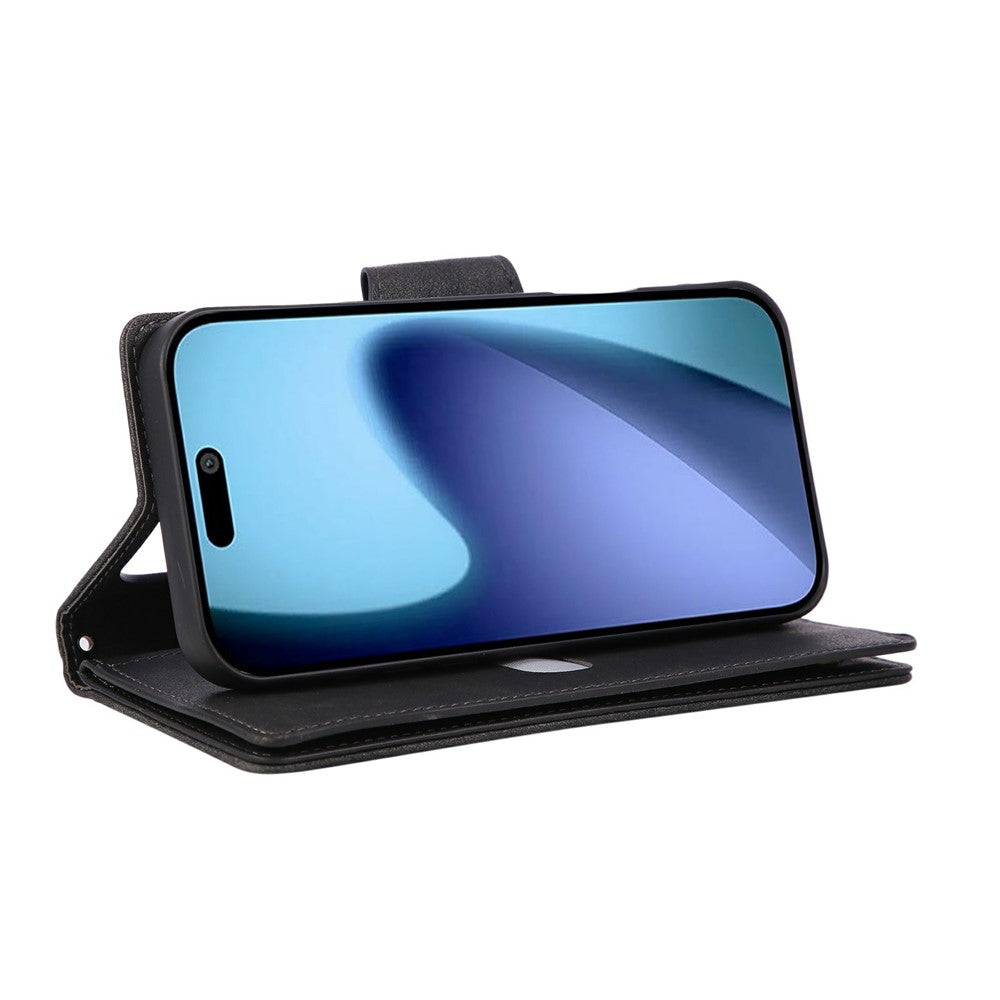 For iPhone 17 Pro Max Case Zipper Wallet Rivet Decor Leather Phone Cover with Wrist Strap - Black