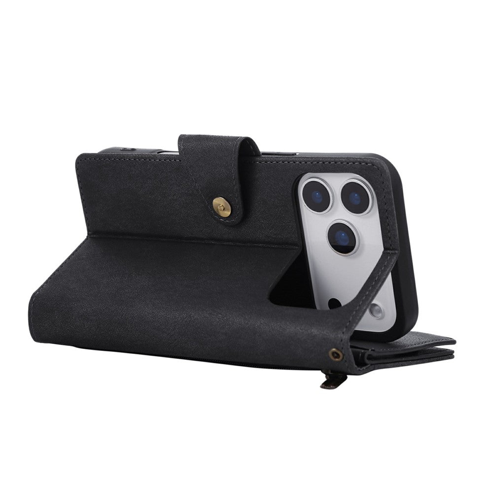 For iPhone 17 Pro Max Case Zipper Wallet Rivet Decor Leather Phone Cover with Wrist Strap - Black