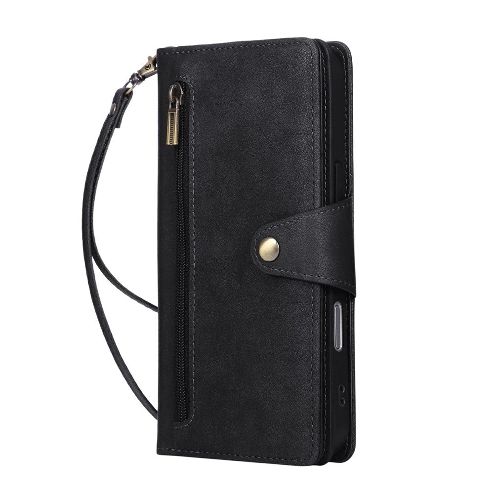 For iPhone 17 Pro Max Case Zipper Wallet Rivet Decor Leather Phone Cover with Wrist Strap - Black