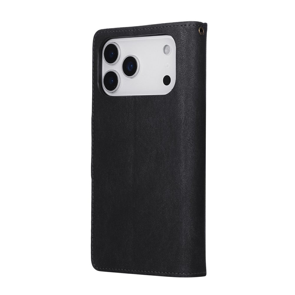 For iPhone 17 Pro Max Case Zipper Wallet Rivet Decor Leather Phone Cover with Wrist Strap - Black