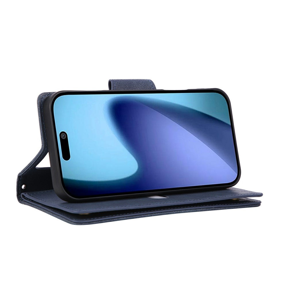 For iPhone 17 Pro Max Case Zipper Wallet Rivet Decor Leather Phone Cover with Wrist Strap - Blue