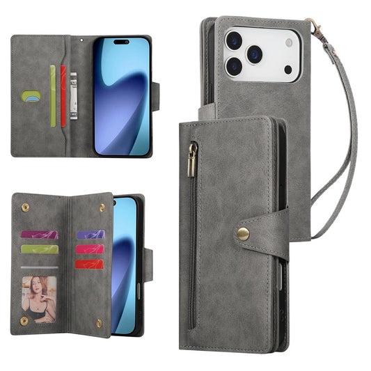 For iPhone 17 Pro Max Case Zipper Wallet Rivet Decor Leather Phone Cover with Wrist Strap - Grey