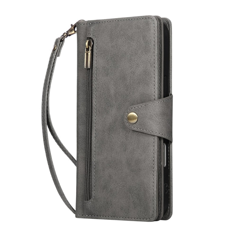 For iPhone 17 Pro Max Case Zipper Wallet Rivet Decor Leather Phone Cover with Wrist Strap - Grey