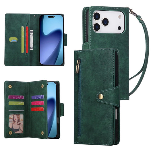 For iPhone 17 Pro Max Case Zipper Wallet Rivet Decor Leather Phone Cover with Wrist Strap - Green