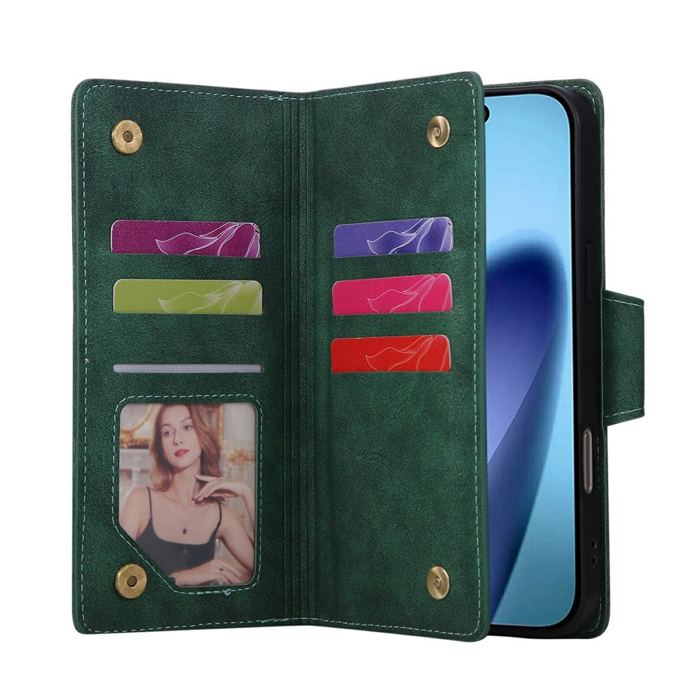 For iPhone 17 Pro Max Case Zipper Wallet Rivet Decor Leather Phone Cover with Wrist Strap - Green