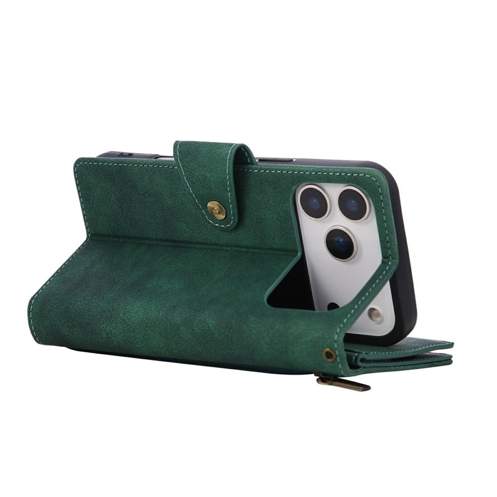 For iPhone 17 Pro Max Case Zipper Wallet Rivet Decor Leather Phone Cover with Wrist Strap - Green