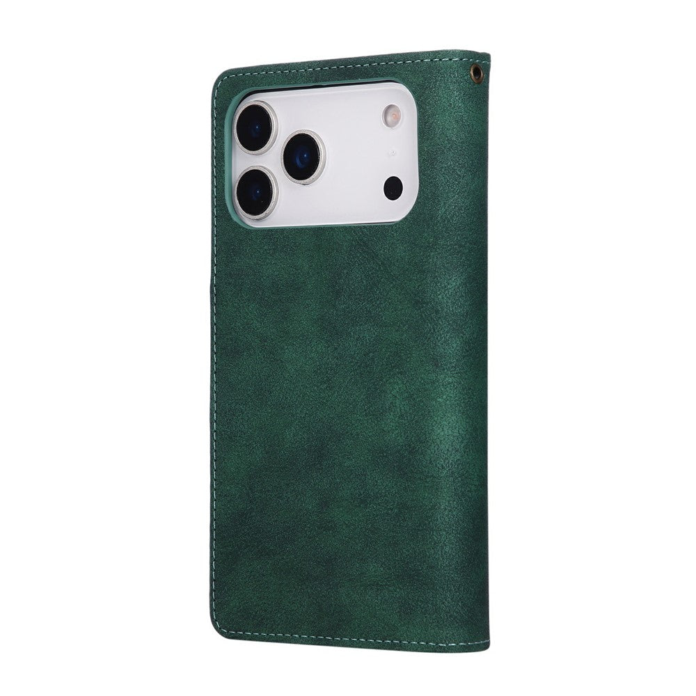 For iPhone 17 Pro Max Case Zipper Wallet Rivet Decor Leather Phone Cover with Wrist Strap - Green