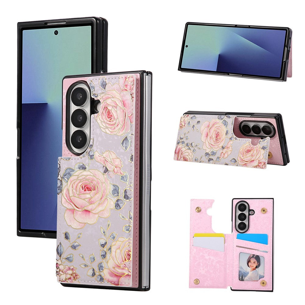 For Samsung Galaxy Z Fold7 5G Case Flower Leather PC RFID Blocking Phone Cover Card Slots - Rose