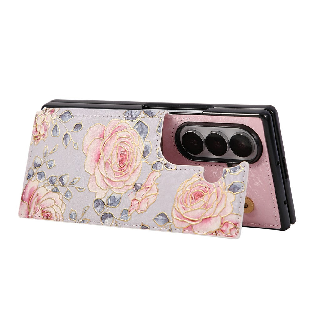 For Samsung Galaxy Z Fold7 5G Case Flower Leather PC RFID Blocking Phone Cover Card Slots - Rose