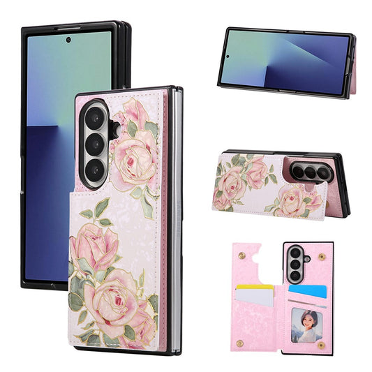 For Samsung Galaxy Z Fold7 5G Case Flower Leather PC RFID Blocking Phone Cover Card Slots - Rose Flower