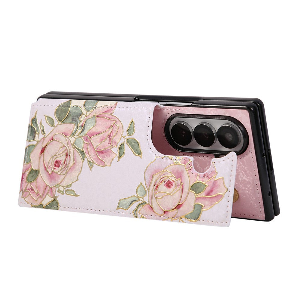 For Samsung Galaxy Z Fold7 5G Case Flower Leather PC RFID Blocking Phone Cover Card Slots - Rose Flower