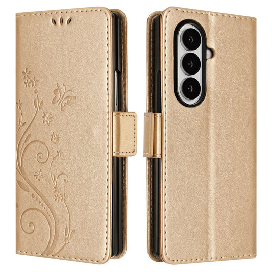 For Samsung Galaxy Z Fold7 5G Leather Wallet Case Butterfly Flower Imprint Phone Cover with Strap - Gold
