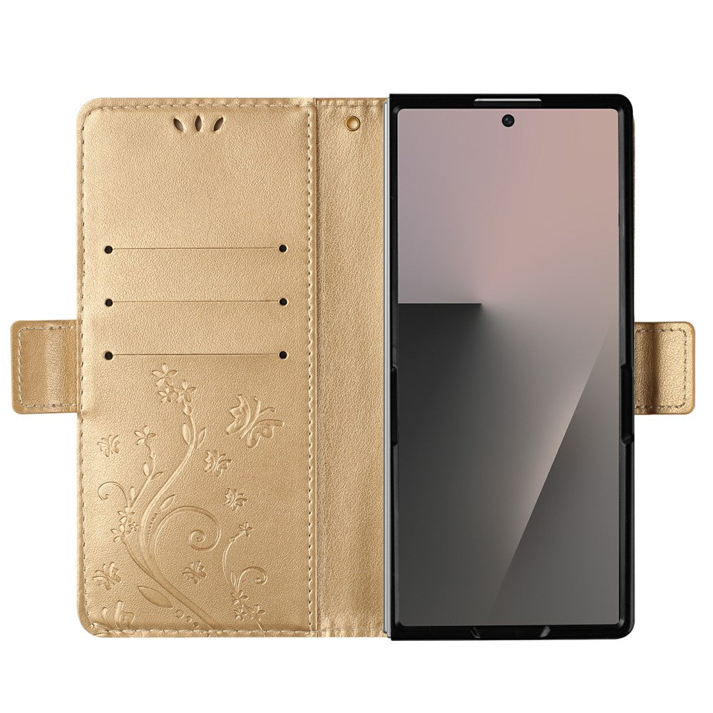 For Samsung Galaxy Z Fold7 5G Leather Wallet Case Butterfly Flower Imprint Phone Cover with Strap - Gold