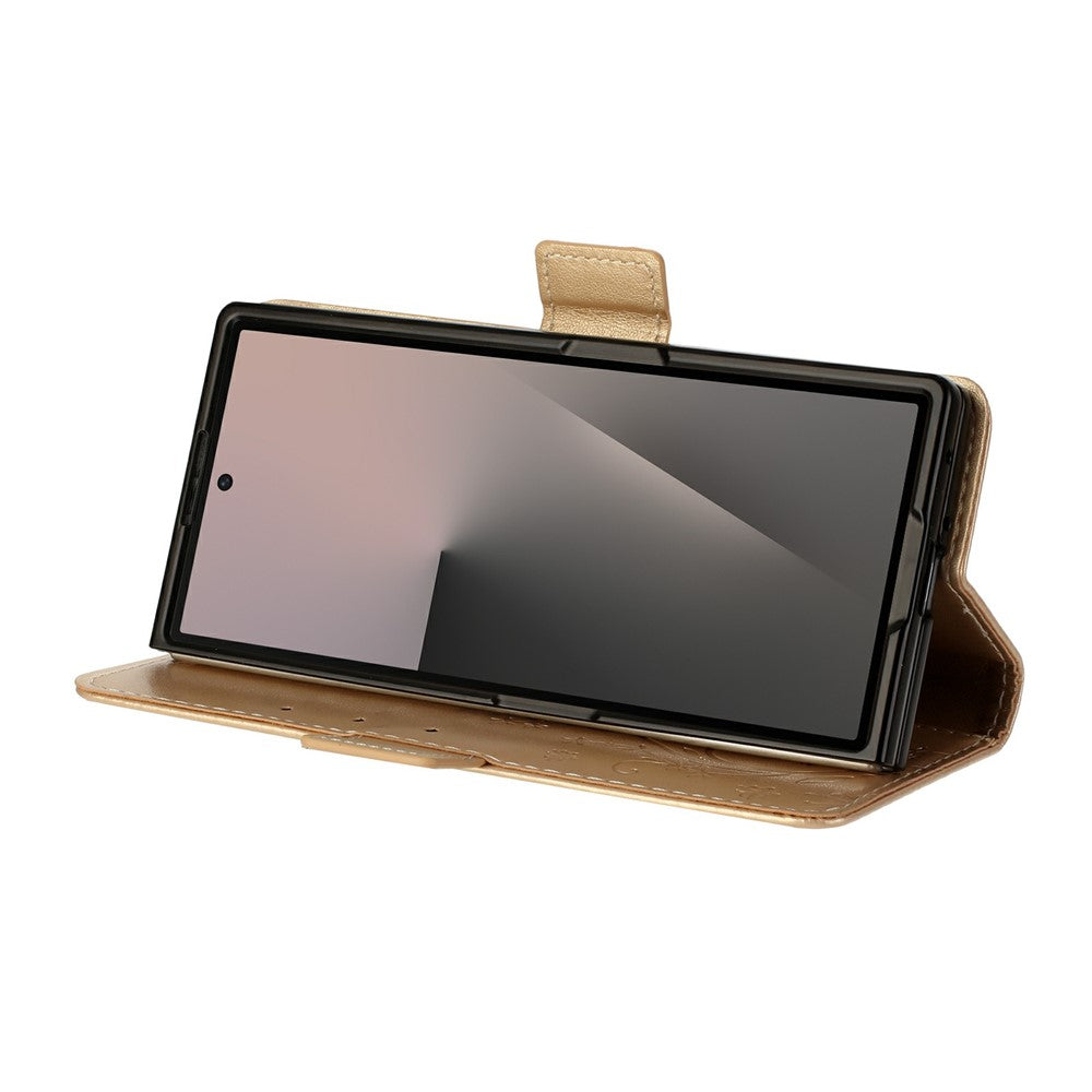 For Samsung Galaxy Z Fold7 5G Leather Wallet Case Butterfly Flower Imprint Phone Cover with Strap - Gold
