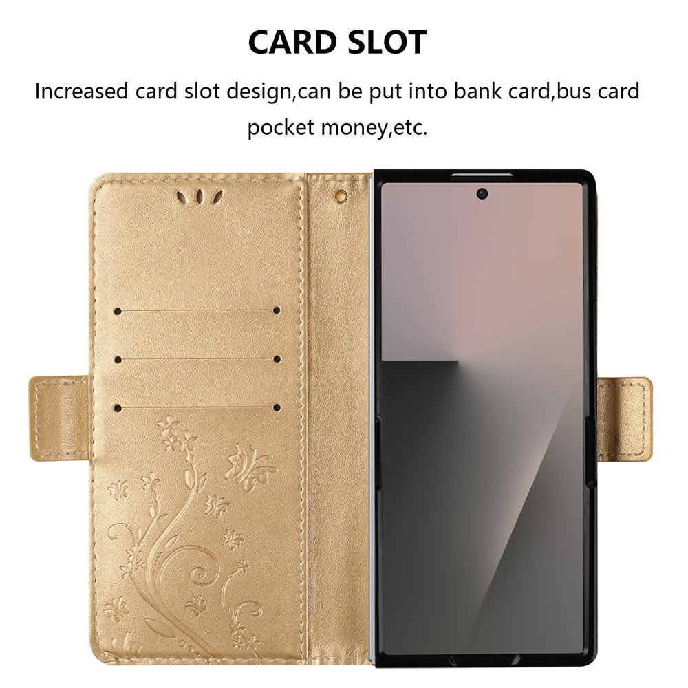 For Samsung Galaxy Z Fold7 5G Leather Wallet Case Butterfly Flower Imprint Phone Cover with Strap - Gold