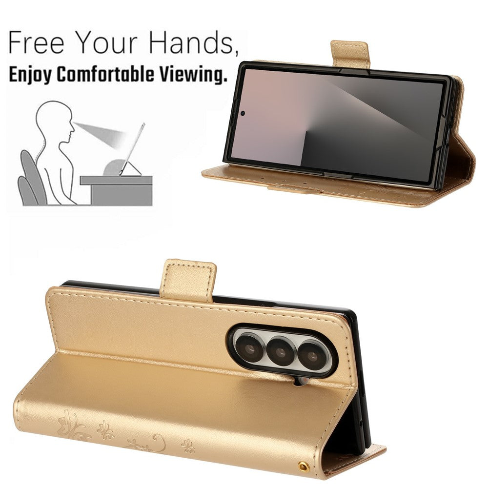 For Samsung Galaxy Z Fold7 5G Leather Wallet Case Butterfly Flower Imprint Phone Cover with Strap - Gold