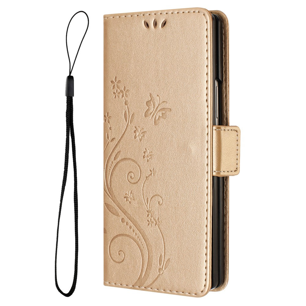 For Samsung Galaxy Z Fold7 5G Leather Wallet Case Butterfly Flower Imprint Phone Cover with Strap - Gold