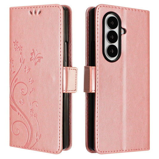 For Samsung Galaxy Z Fold7 5G Leather Wallet Case Butterfly Flower Imprint Phone Cover with Strap - Rose Gold