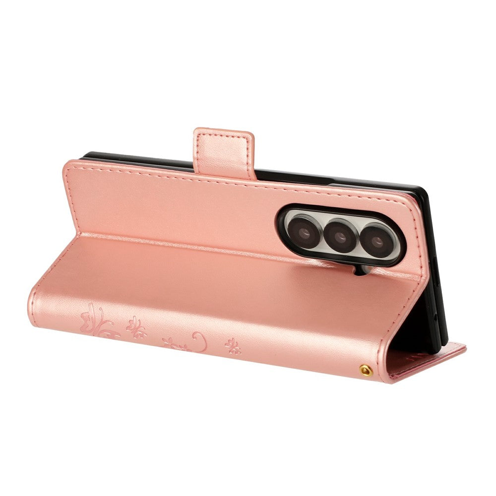 For Samsung Galaxy Z Fold7 5G Leather Wallet Case Butterfly Flower Imprint Phone Cover with Strap - Rose Gold