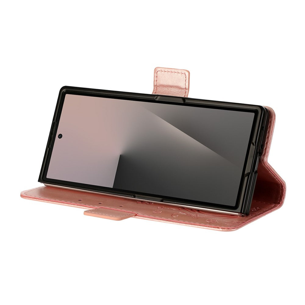For Samsung Galaxy Z Fold7 5G Leather Wallet Case Butterfly Flower Imprint Phone Cover with Strap - Rose Gold