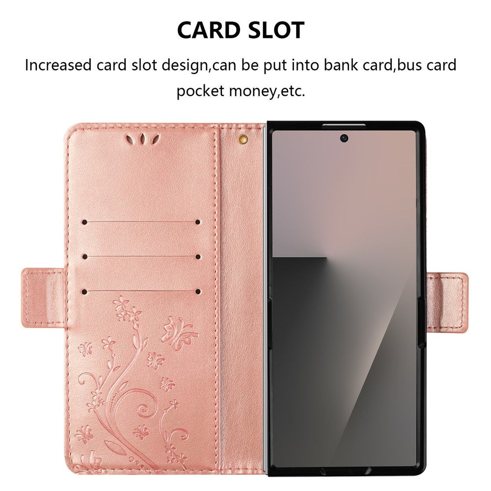 For Samsung Galaxy Z Fold7 5G Leather Wallet Case Butterfly Flower Imprint Phone Cover with Strap - Rose Gold