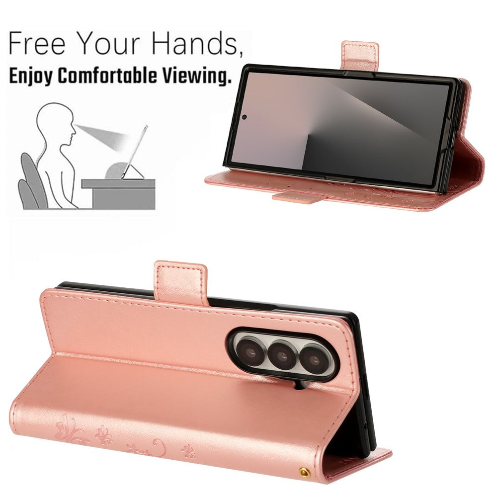 For Samsung Galaxy Z Fold7 5G Leather Wallet Case Butterfly Flower Imprint Phone Cover with Strap - Rose Gold