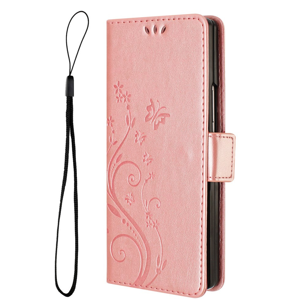For Samsung Galaxy Z Fold7 5G Leather Wallet Case Butterfly Flower Imprint Phone Cover with Strap - Rose Gold