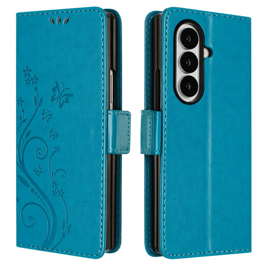 For Samsung Galaxy Z Fold7 5G Leather Wallet Case Butterfly Flower Imprint Phone Cover with Strap - Blue