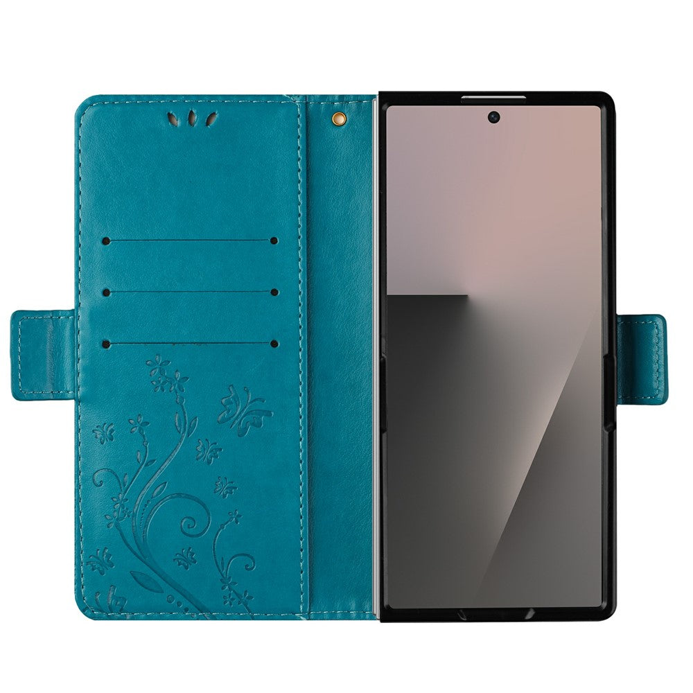 For Samsung Galaxy Z Fold7 5G Leather Wallet Case Butterfly Flower Imprint Phone Cover with Strap - Blue