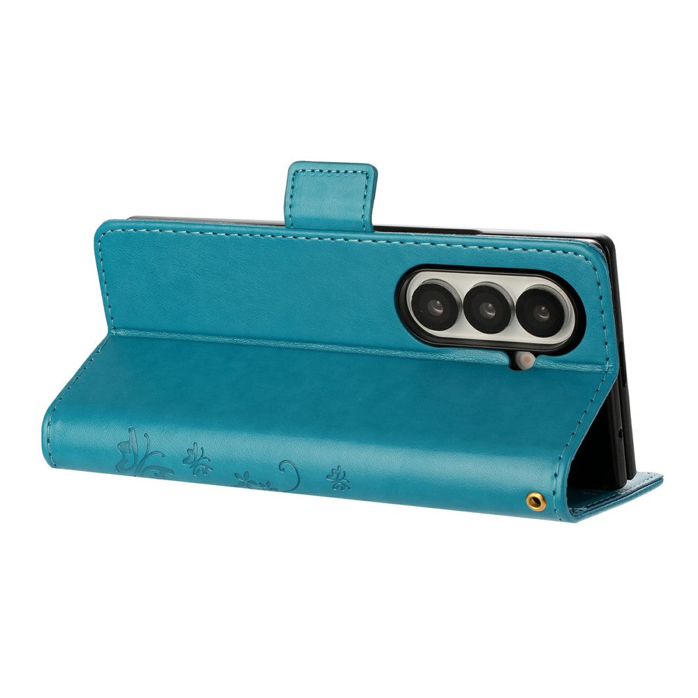 For Samsung Galaxy Z Fold7 5G Leather Wallet Case Butterfly Flower Imprint Phone Cover with Strap - Blue